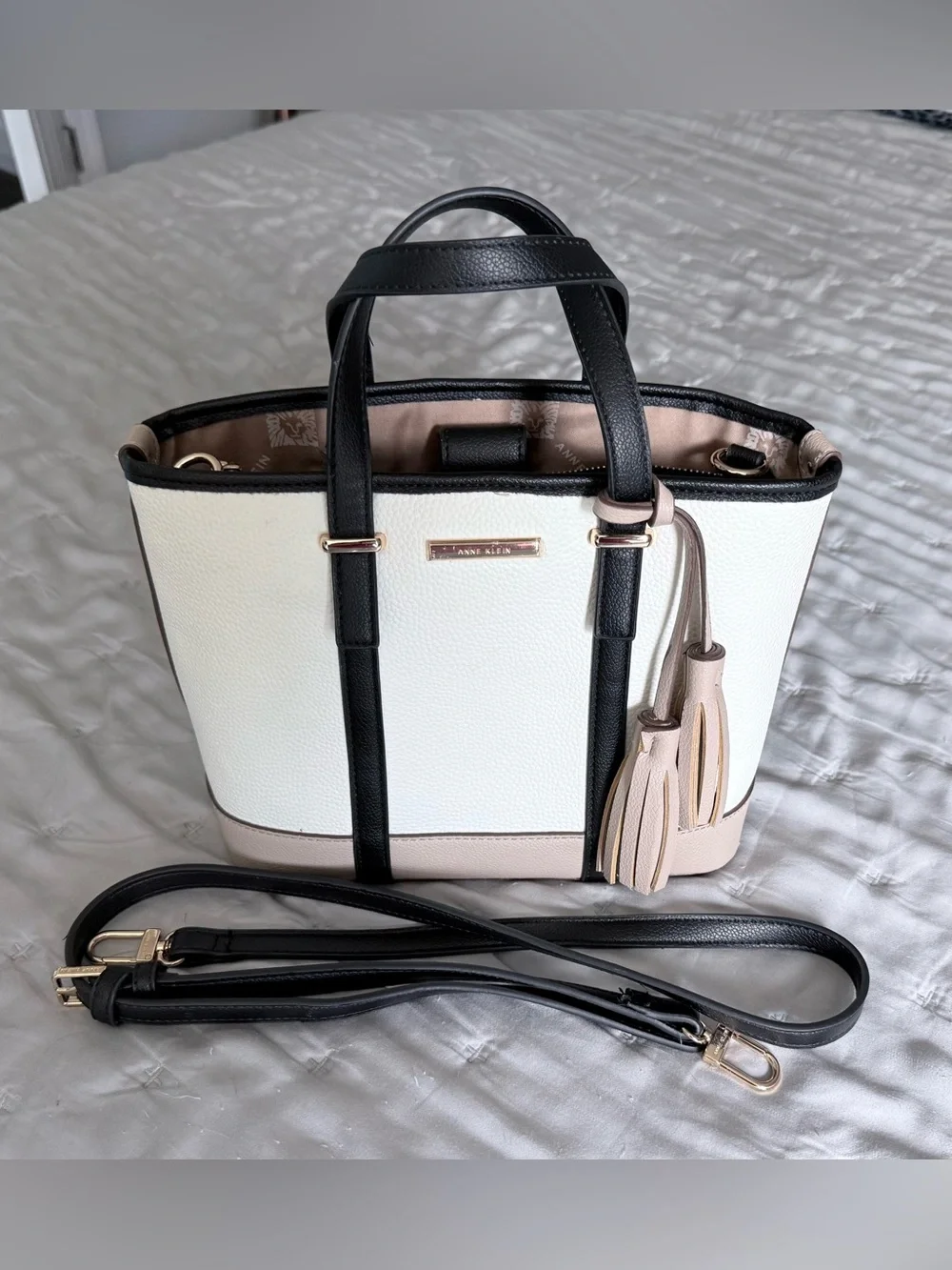 Anne Klein Colorblock Pebbled Tote in Black, White, Cream
